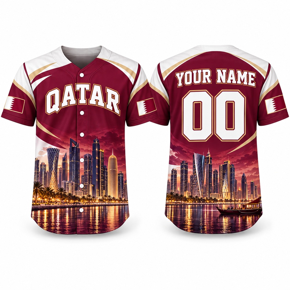 3D Printing Qatar - قميص بيسبول بطبعة قطر الدوحة واللؤلؤ،